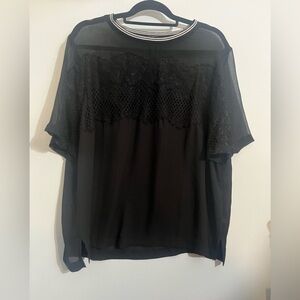 Lane Bryant Black sheer top with black laces roses and athletic striped collar